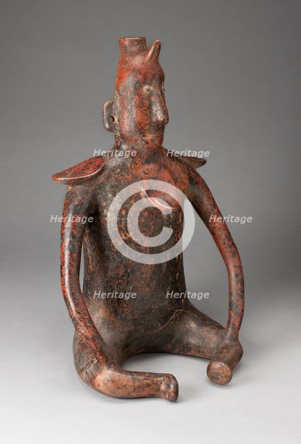 Seated Male Figure with Horn Headdress and Collar in Relief, 100 B.C./A.D. 300. Creator: Unknown.