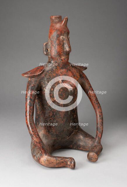 Seated Male Figure with Horn Headdress and Collar in Relief, 100 B.C./A.D. 300. Creator: Unknown.