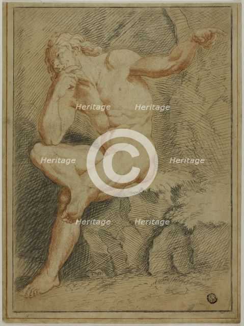 Seated Male Nude Pointing with Left Hand, n.d. Creator: Unknown.