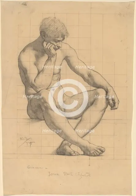 Seated Male Nude: Study for "Science" - Iowa State Capitol, 1905. Creator: Kenyon Cox.