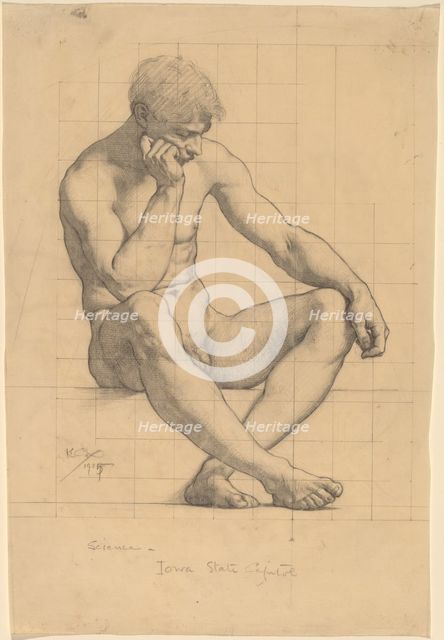 Seated Male Nude: Study for "Science" - Iowa State Capitol, 1905. Creator: Kenyon Cox.