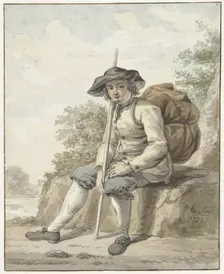 Seated man with a knapsack and a stick, 1784. Creator: Jacob van Strij