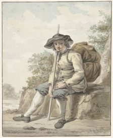 Seated man with a knapsack and a stick, 1784. Creator: Jacob van Strij