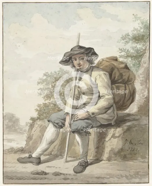 Seated man with a knapsack and a stick, 1784. Creator: Jacob van Strij.