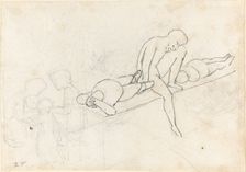 Seated Man Flanked by Two Reclining Figures; Huddle of Figures in Lower Left Corner, c. 1790. Creator: John Flaxman