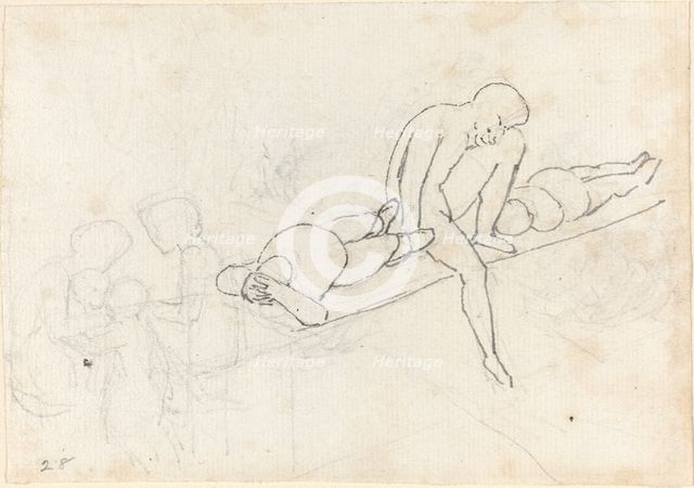 Seated Man Flanked by Two Reclining Figures; Huddle of Figures in Lower Left Corner, c. 1790. Creator: John Flaxman.