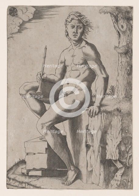 Seated Man Holding a Flute, ca. 1500-1550. Creator: Marcantonio Raimondi.