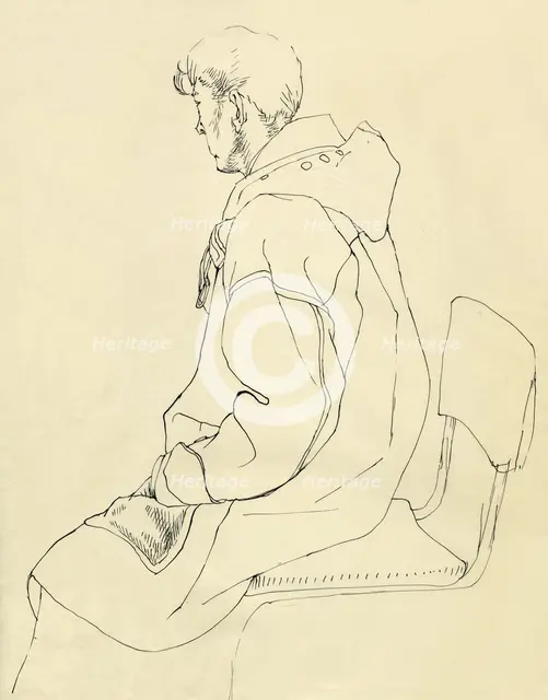 Seated man in duffel coat, c1952. Creator: Shirley Markham.