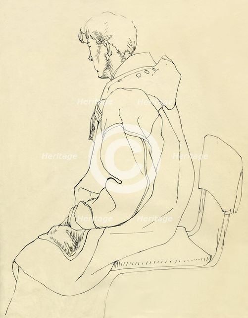 Seated man in duffel coat, c1952. Creator: Shirley Markham.