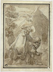 Seated Man in Mantle by Thatched Hut, n.d. Creator: Unknown