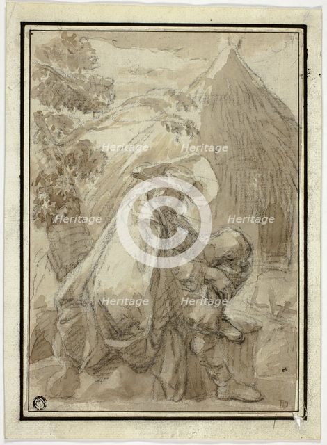 Seated Man in Mantle by Thatched Hut, n.d. Creator: Unknown.
