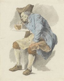 Seated man lights his pipe from a chafing dish, 1795-1857. Creator: Wouter Mol