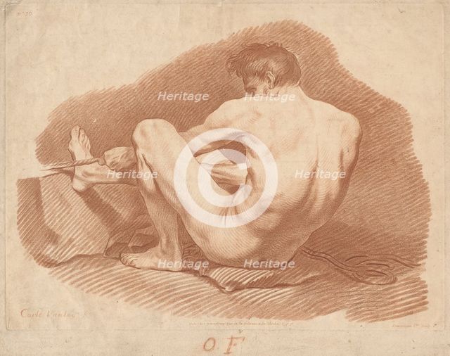 Seated Nude Man, Seen from Behind, Pulling a Rope, c. 1760. Creator: Gilles Demarteau.