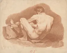 Seated Nude Man, Seen from Behind, Pulling a Rope, c. 1760. Creator: Gilles Demarteau