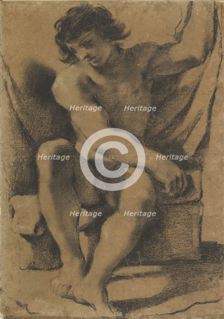 Seated Nude Young Man in Nearly Frontal View, ca. 1618. Creator: Guercino.