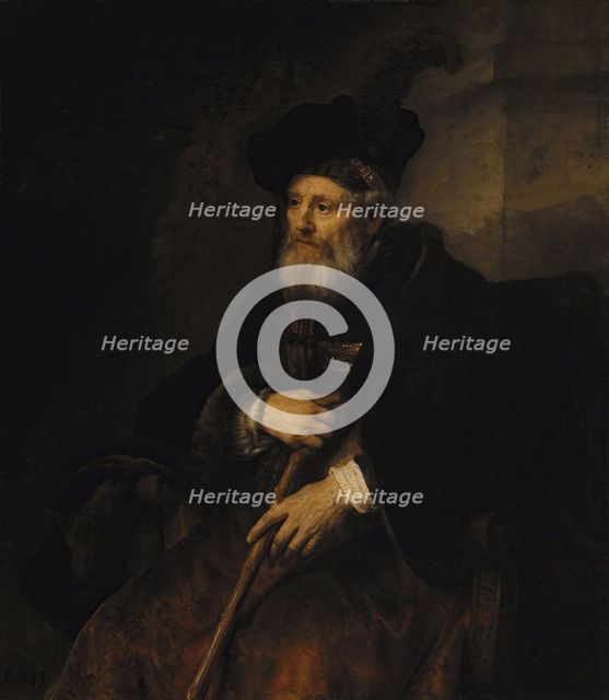 Seated old man with a cane in fanciful costume, 1645. Creator: Rembrandt Harmensz van Rijn.