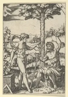 Seated old shepard gesturing towards the sky and speaking to nude male surrounded..., ca. 1500-1600. Creator: Anon