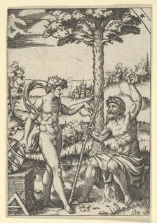 Seated old shepard gesturing towards the sky and speaking to nude male surrounded..., ca. 1500-1600. Creator: Anon