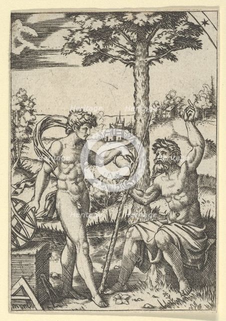 Seated old shepard gesturing towards the sky and speaking to nude male surrounded..., ca. 1500-1600. Creator: Anon.