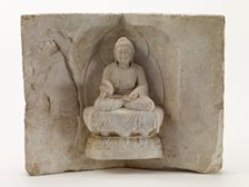 Seated Buddha with a standing monk, Tang dynasty, first half 8th century. Creator: Unknown
