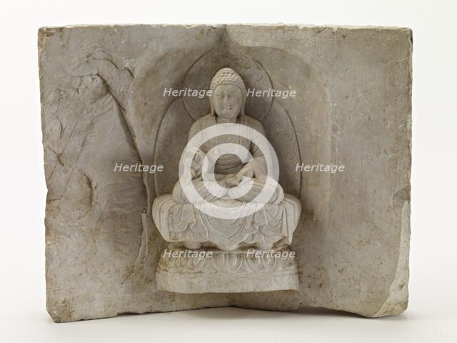 Seated Buddha with a standing monk, Tang dynasty, first half 8th century. Creator: Unknown.