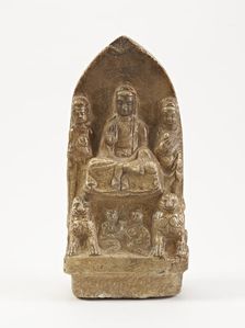 Seated Buddha with bodhisattvas, lions, and figures, Period of Division, possibly 534-557. Creator: Unknown