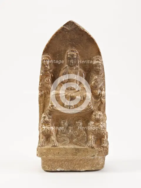 Seated Buddha with bodhisattvas, lions, and figures, Period of Division, possibly 534-557. Creator: Unknown.