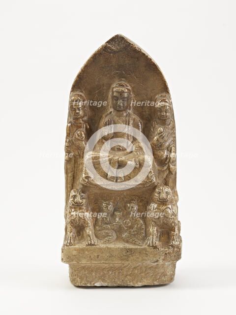 Seated Buddha with bodhisattvas, lions, and figures, Period of Division, possibly 534-557. Creator: Unknown.