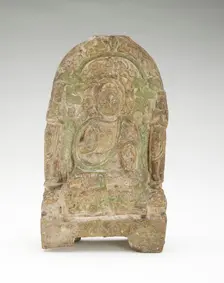Seated Buddha (Shakyamuni) with bodhisattvas, monks, and lions, Period of Division, 549 CE. Creator: Unknown
