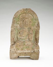 Seated Buddha (Shakyamuni) with bodhisattvas, monks, and lions, Period of Division, 549 CE. Creator: Unknown