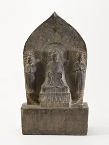 Seated Buddha (Shakyamuni) with standing bodhisattvas, Period of Division, Dated 549 CE. Creator: Unknown