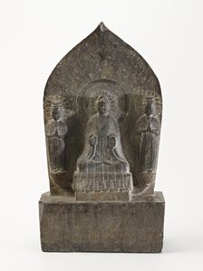 Seated Buddha (Shakyamuni) with standing bodhisattvas, Period of Division, Dated 549 CE. Creator: Unknown