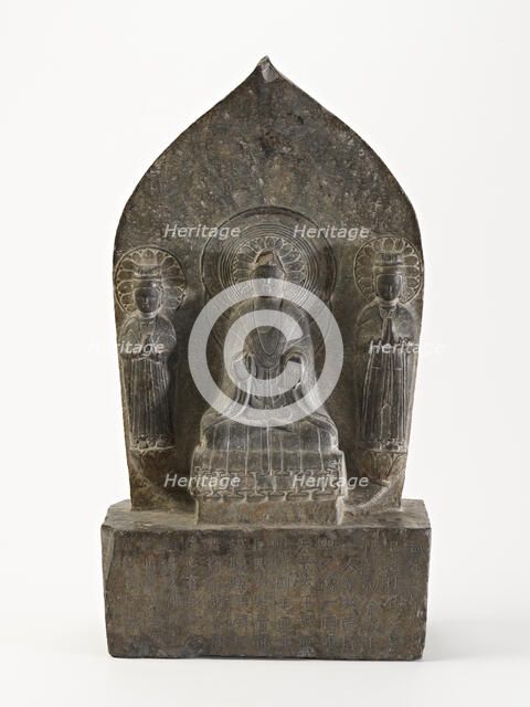 Seated Buddha (Shakyamuni) with standing bodhisattvas, Period of Division, Dated 549 CE. Creator: Unknown.