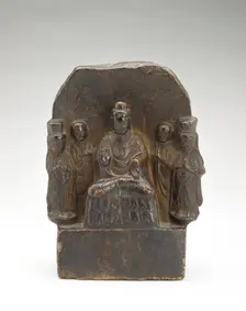 Seated Buddha (Shakyamuni) with standing monks and bodhisattvas..., Period of Division, 535. Creator: Unknown