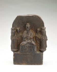 Seated Buddha (Shakyamuni) with standing monks and bodhisattvas..., Period of Division, 535. Creator: Unknown