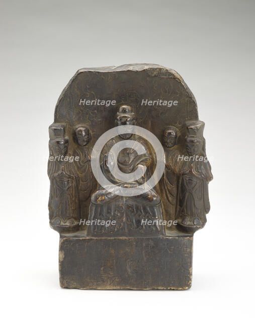 Seated Buddha (Shakyamuni) with standing monks and bodhisattvas..., Period of Division, 535. Creator: Unknown.