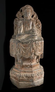 Seated Buddhist figure: high octagonal pedestal and perforated..., Tang dynasty, 8th century. Creator: Unknown