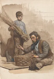 Seated basket weaver with standing boy, 1874-1925. Creator: Jan Veth