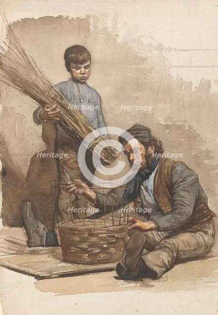 Seated basket weaver with standing boy, 1874-1925. Creator: Jan Veth.