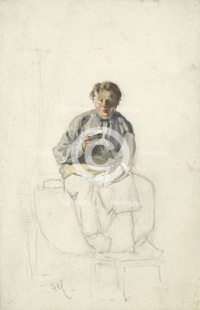 Seated boy with a cup, 1860-1921. Creator: Adolf le Comte.