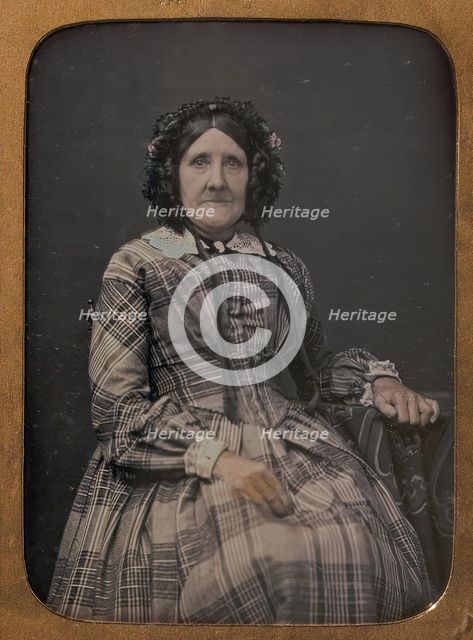 Seated Elderly Woman Wearing Plaid Dress and Bonnet, 1854-60. Creator: William Hardy Kent.