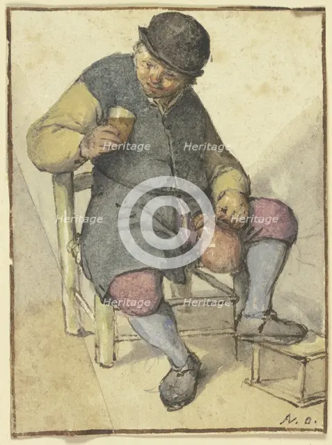 Seated farmer from the front, with jug and glass, after 1670. Creator: Adriaen van Ostade.