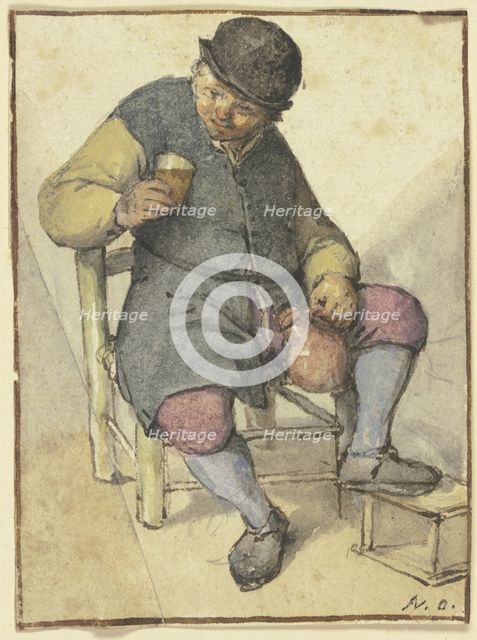 Seated farmer from the front, with jug and glass, after 1670. Creator: Adriaen van Ostade.