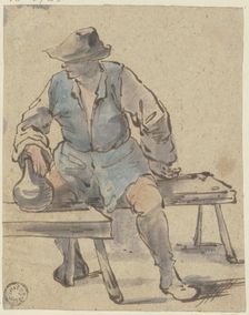 Seated farmer, hand resting on a jug on a bench in front of him, c1640-1674. Creator: Johannes Lingelbach