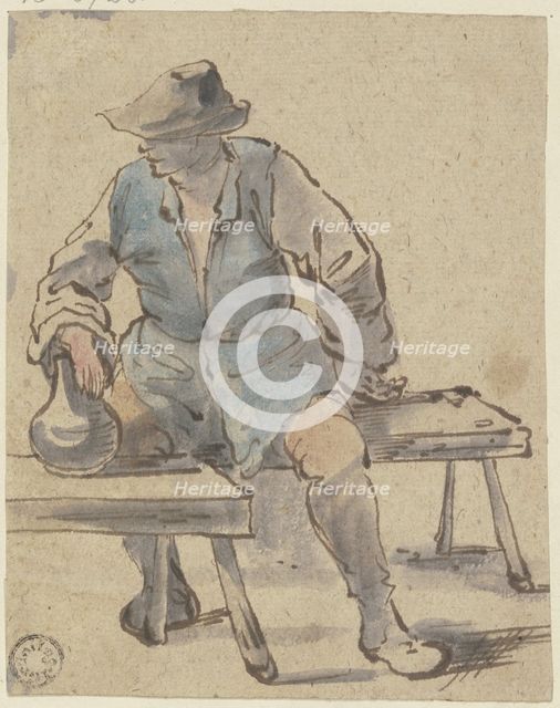 Seated farmer, hand resting on a jug on a bench in front of him, c1640-1674. Creator: Johannes Lingelbach.