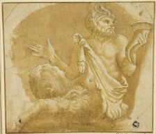 Seated Faun Holding Cornucopia (recto); Sketch of Tree and House (verso), n.d. Creator: Unknown