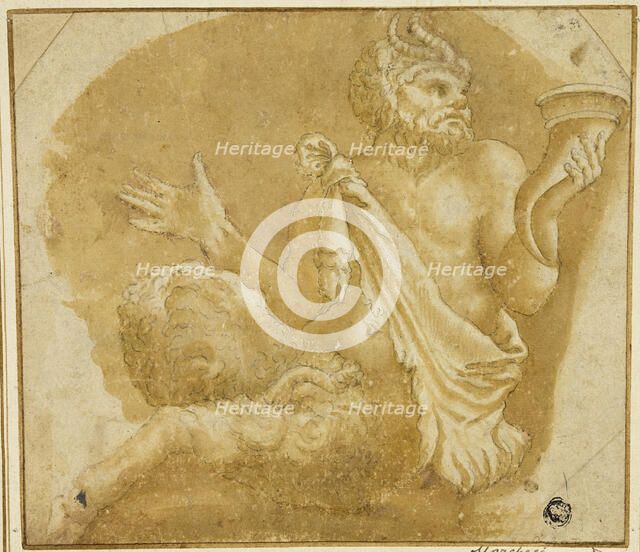 Seated Faun Holding Cornucopia (recto); Sketch of Tree and House (verso), n.d. Creator: Unknown.