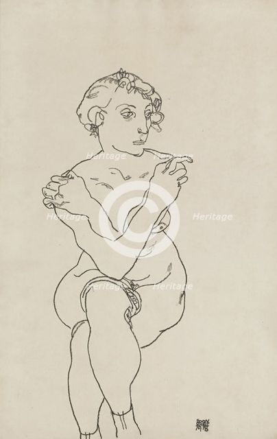Seated female nude, arms and legs crossed, 1918. Artist: Schiele, Egon (1890-1918)