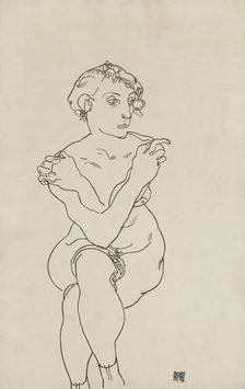 Seated female nude, arms and legs crossed, 1918. Artist: Schiele, Egon (1890-1918)