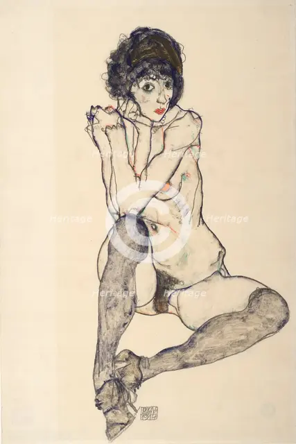 Seated Female Nude, Elbows Resting on Right Knee, 1914. Creator: Schiele, Egon (1890-1918).